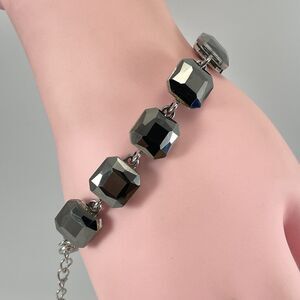 Silver Tone Smoke Dark Gray Glass Rhinestone Chain Tennis Bracelet Bling Boho